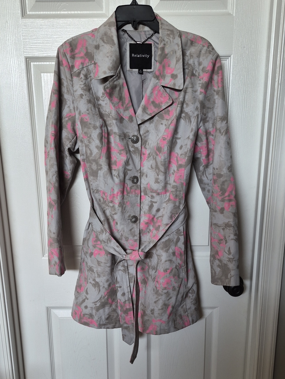 Relativity Gray Trench Coat with Pink Floral Accents
